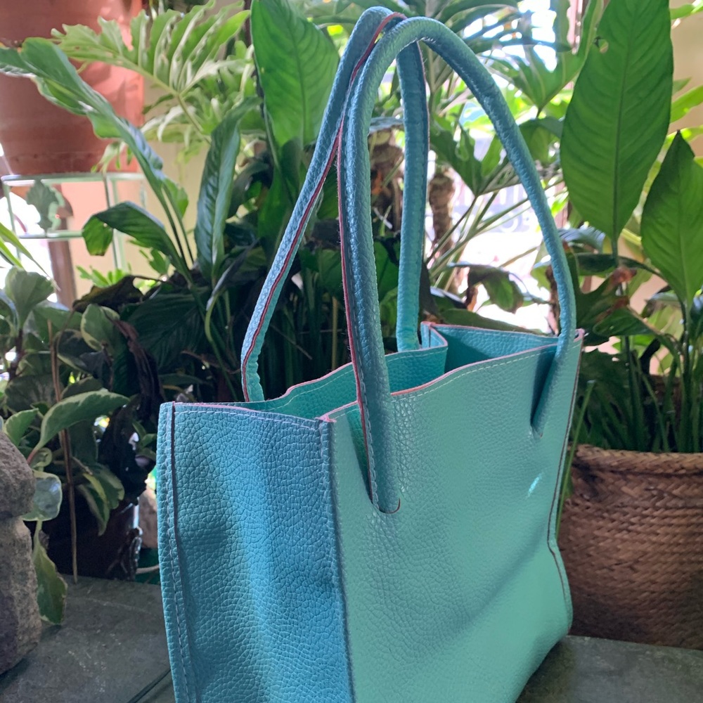 Sky blue leather tote
